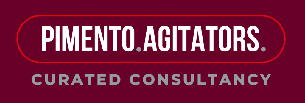 Pimento Agitator Curated Consultancy Logo on Dark Red